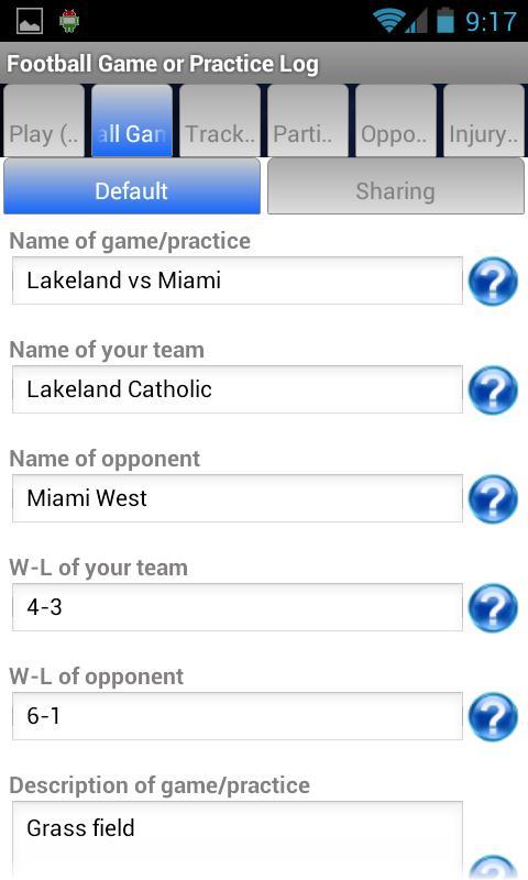 Football Game or Practice Log